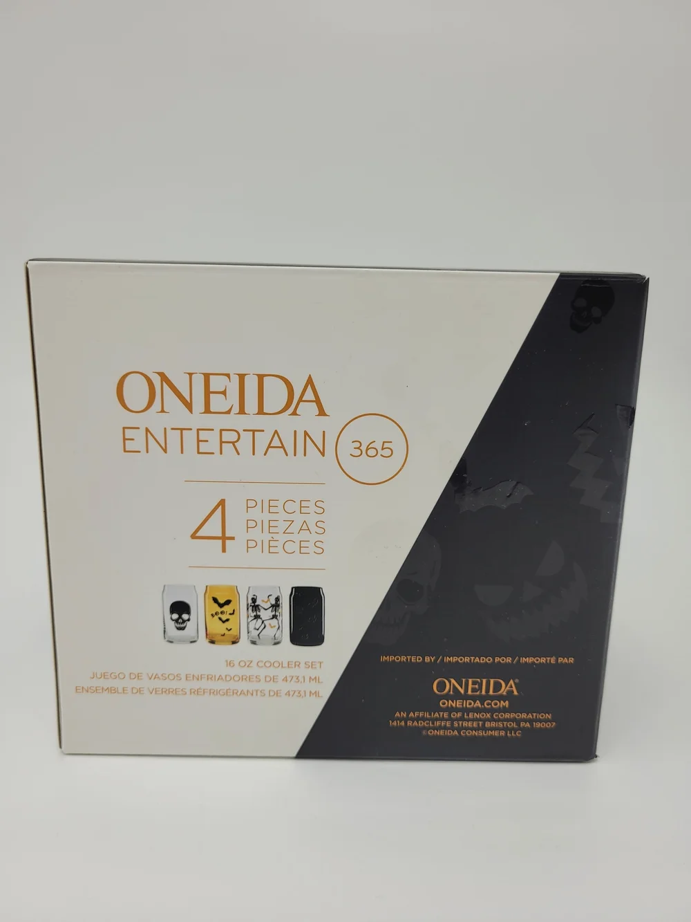 Oneida Vintro Halloween Glass Tumbler Set 4 Clear Black Skull Bat Skeleton NEW